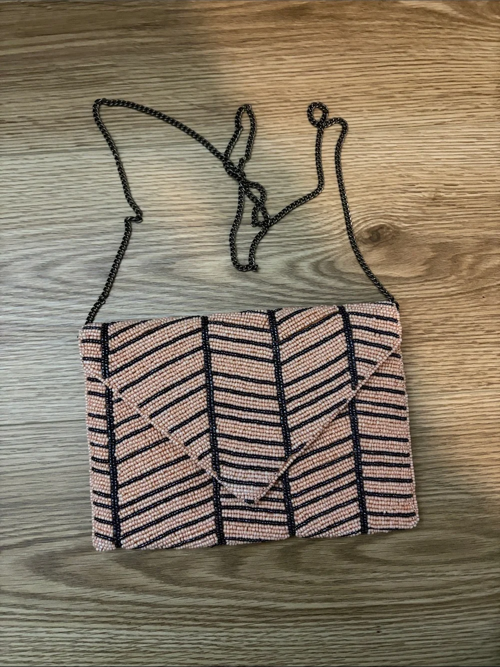 Beaded Pink Chevron Crossbody Bag with Chain Strap
